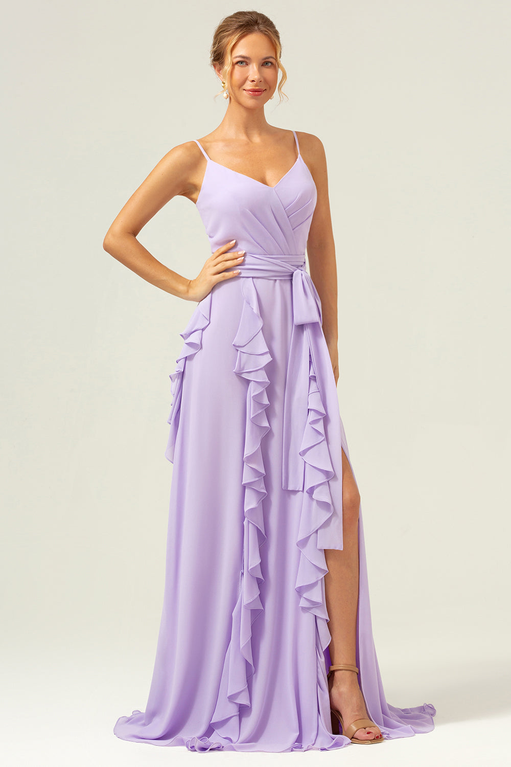 Lilac A-Line Spaghetti Straps Long Bridesmaid Dress With Slit