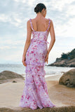 Grey Purple Sheath Ruffled Floral Long Bridesmaid Dress