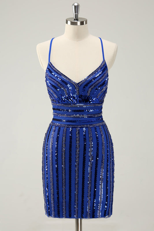 Sparkly Royal Blue Tight Sequined Spaghetti Straps Homecoming Dress