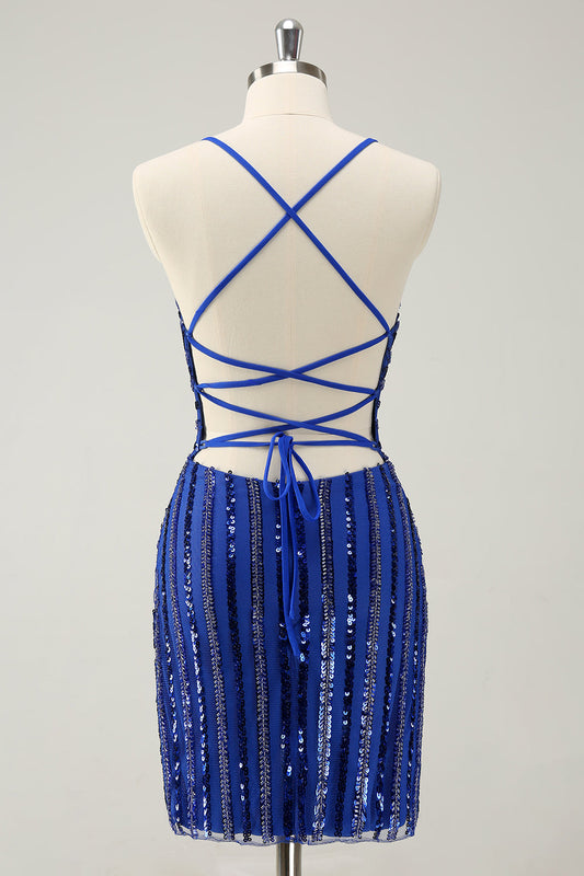 Sparkly Royal Blue Tight Sequined Spaghetti Straps Homecoming Dress