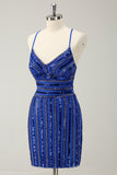 Sparkly Royal Blue Tight Short Spaghetti Straps Homecoming Dress