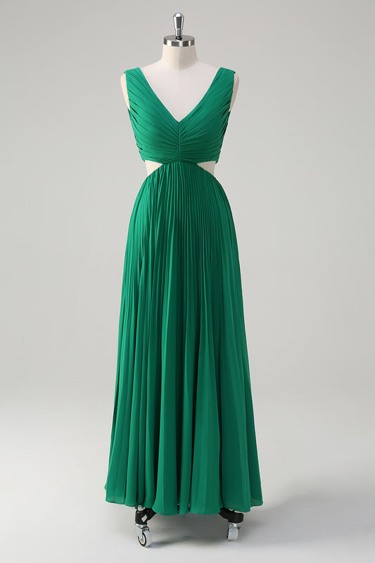 A-Line Green Pleated Hollow Out Long Bridesmaid Dress