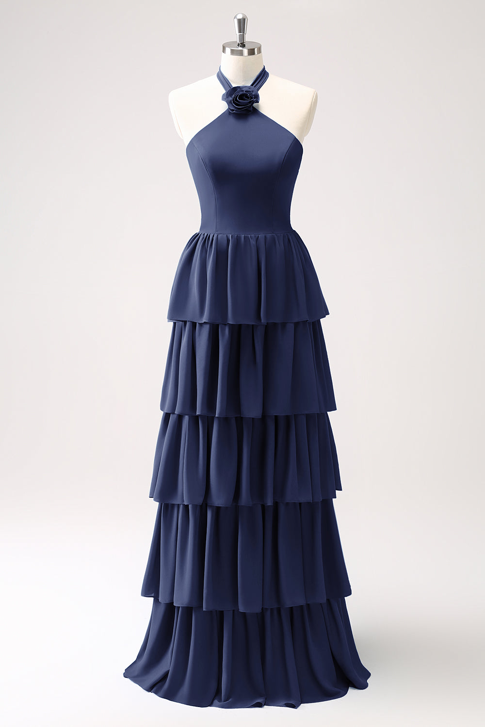 Pine Tiered Chiffon Bridesmaid Dress with Flower