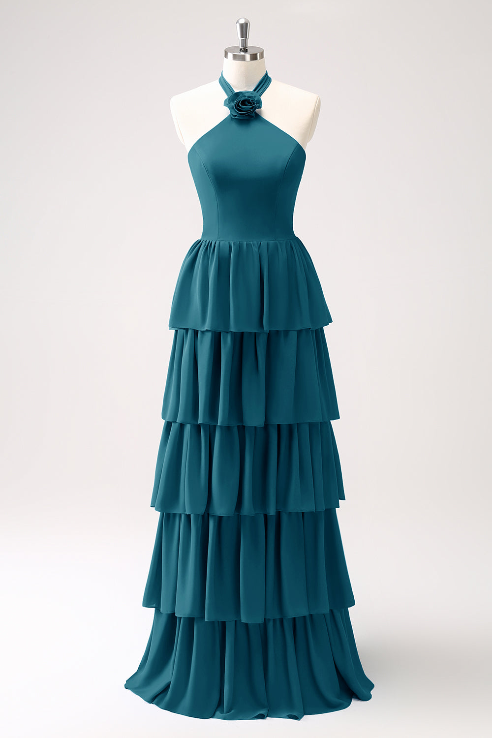 Pine Tiered Chiffon Bridesmaid Dress with Flower