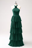 Pine Tiered Chiffon Bridesmaid Dress with Flower