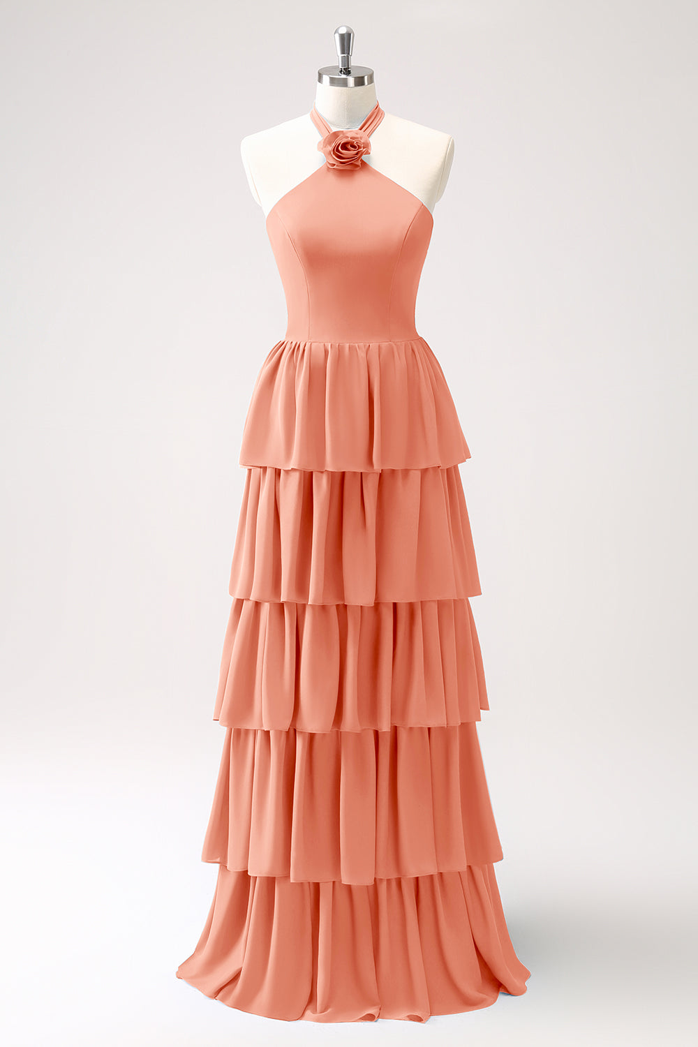 Pine Tiered Chiffon Bridesmaid Dress with Flower