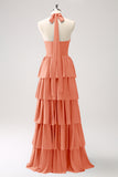 Pine Tiered Chiffon Bridesmaid Dress with Flower