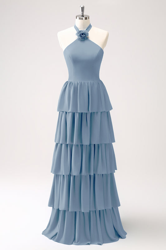 Dusty Blue Tiered Chiffon Bridesmaid Dress with Flower