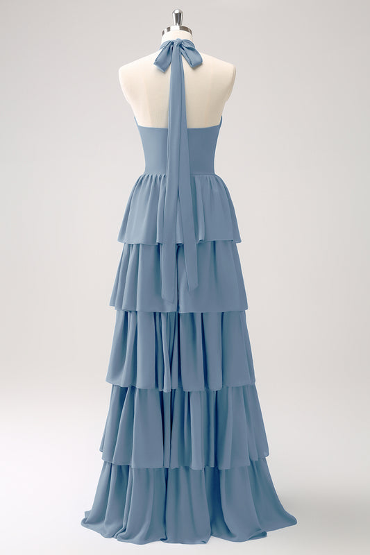 Dusty Blue Tiered Chiffon Bridesmaid Dress with Flower