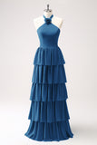 Blue Tiered Chiffon Bridesmaid Dress with Flower