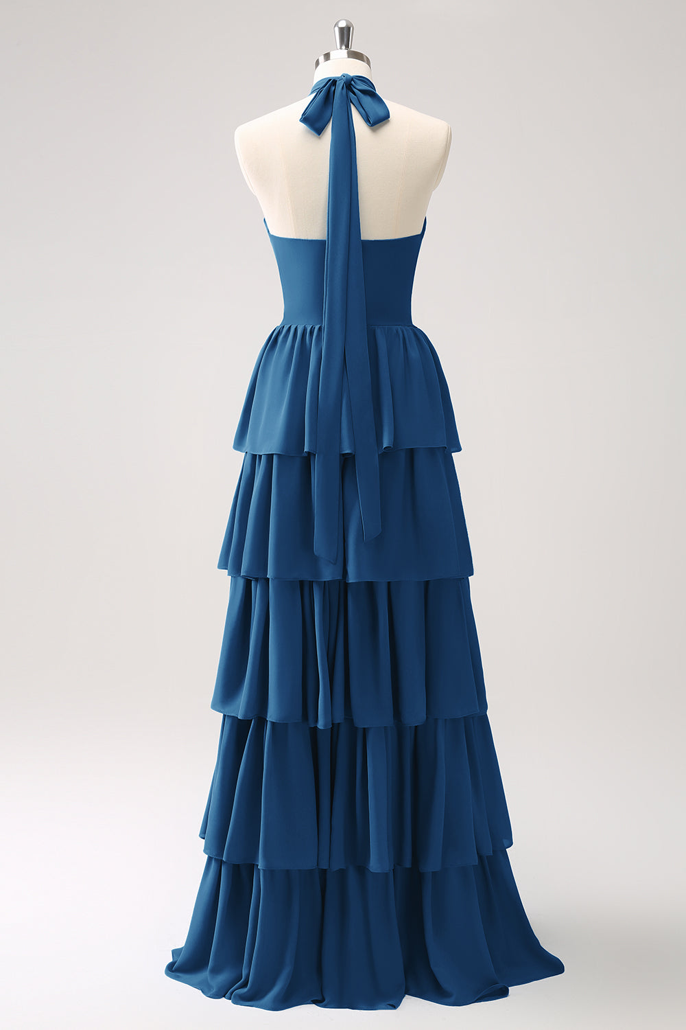 Blue Tiered Chiffon Bridesmaid Dress with Flower