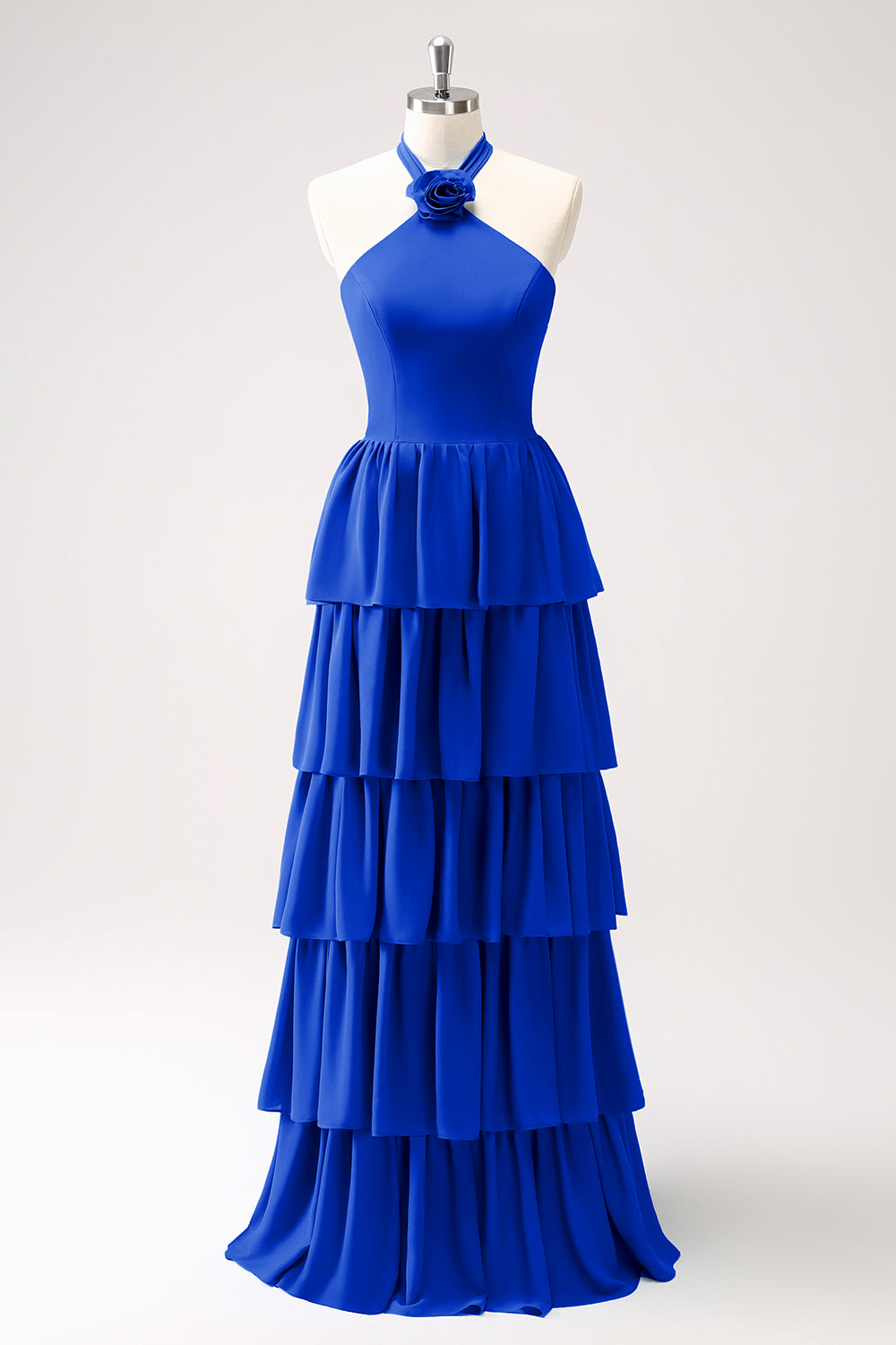 Blue Tiered Chiffon Bridesmaid Dress with Flower