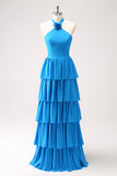 Blue Tiered Chiffon Bridesmaid Dress with Flower