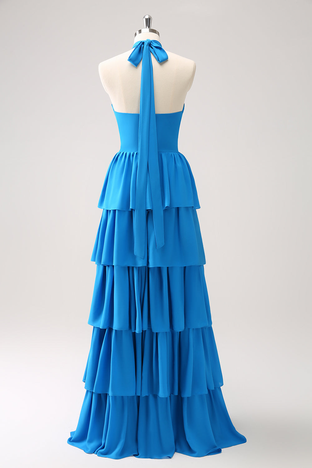 Blue Tiered Chiffon Bridesmaid Dress with Flower