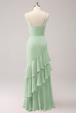 Champagne Spaghetti Straps Mermaid Bridesmaid Dress with Ruffles