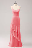 Pink Spaghetti Straps Mermaid Bridesmaid Dress with Ruffles