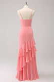 Pink Spaghetti Straps Mermaid Bridesmaid Dress with Ruffles