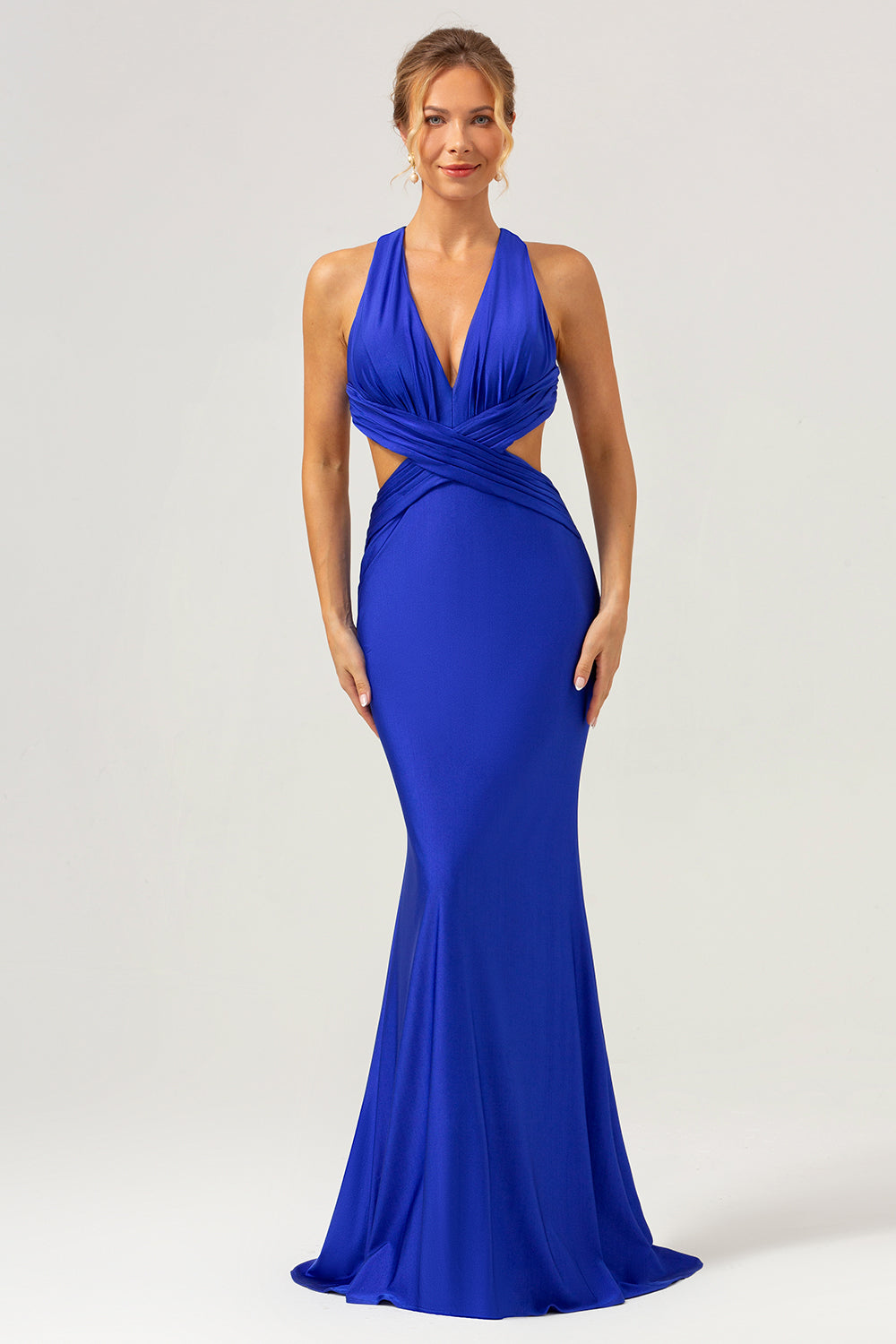 Royal Blue Mermaid V Neck Cut Out Ruched Long Bridesmaid Dress