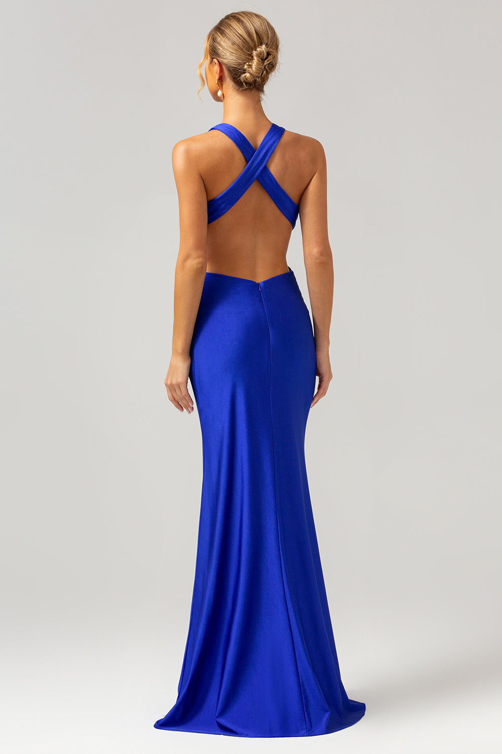 Royal Blue Mermaid V Neck Cut Out Ruched Long Bridesmaid Dress