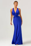 Royal Blue Mermaid V Neck Cut Out Ruched Long Bridesmaid Dress