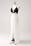 Black White Sheath Spaghetti Straps Long Prom Dress With Front Split