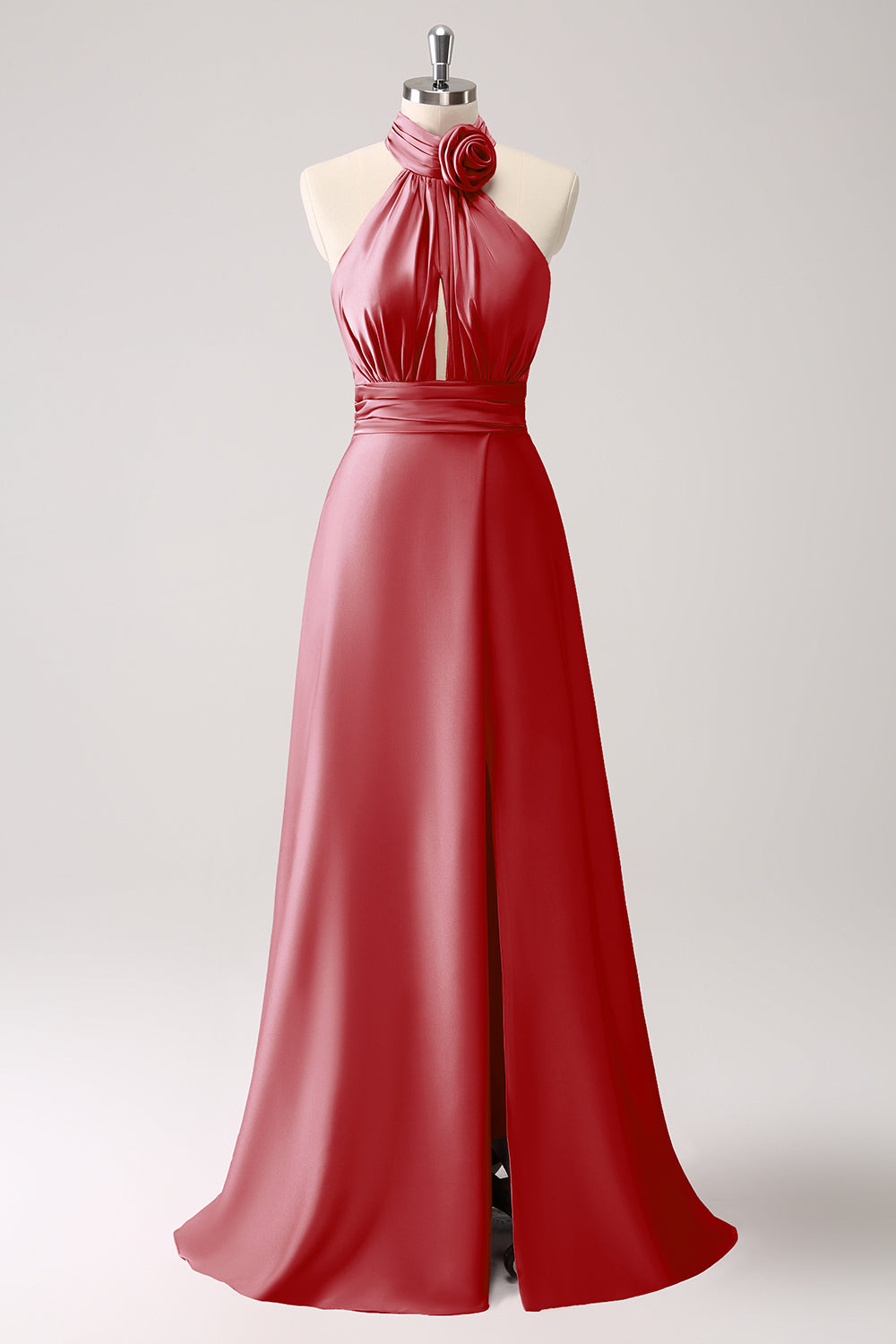 Pink Keyhole A-Line Satin Bridesmaid Dress with Slit