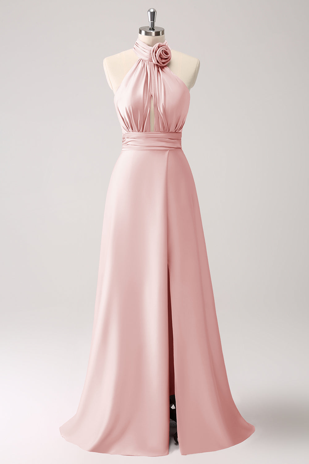 Pink Keyhole A-Line Satin Bridesmaid Dress with Slit