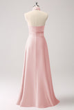 Pink Keyhole A-Line Satin Bridesmaid Dress with Slit