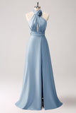 Dusty Blue Keyhole A-Line Satin Bridesmaid Dress with Slit