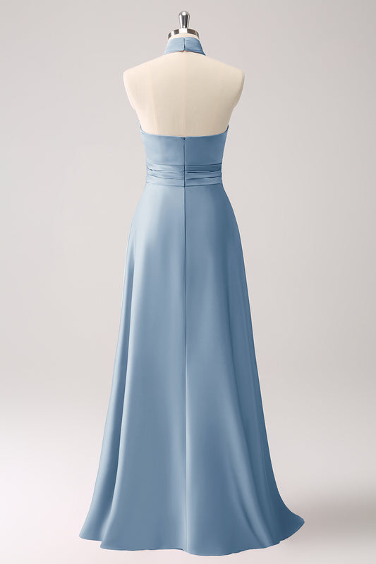 Dusty Blue Keyhole A-Line Satin Bridesmaid Dress with Slit