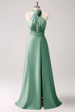 Dusty Blue Keyhole A-Line Satin Bridesmaid Dress with Slit