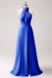 Dusty Blue Keyhole A-Line Satin Bridesmaid Dress with Slit