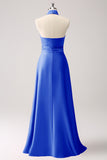 Dusty Blue Keyhole A-Line Satin Bridesmaid Dress with Slit