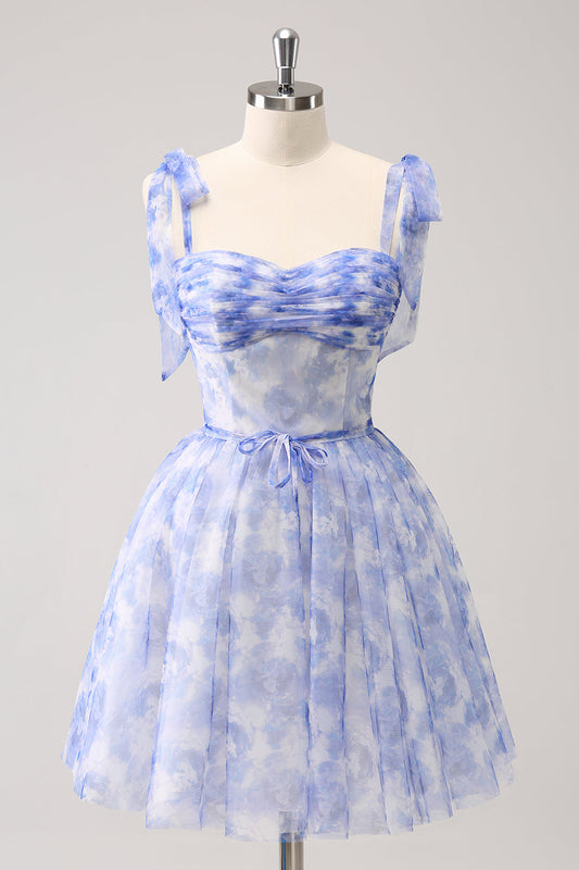 Blue Corset A Line Short Floral Homecoming Dress