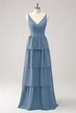 Dusty Blue A Line V-Neck Tiered Long Bridesmaid Dress