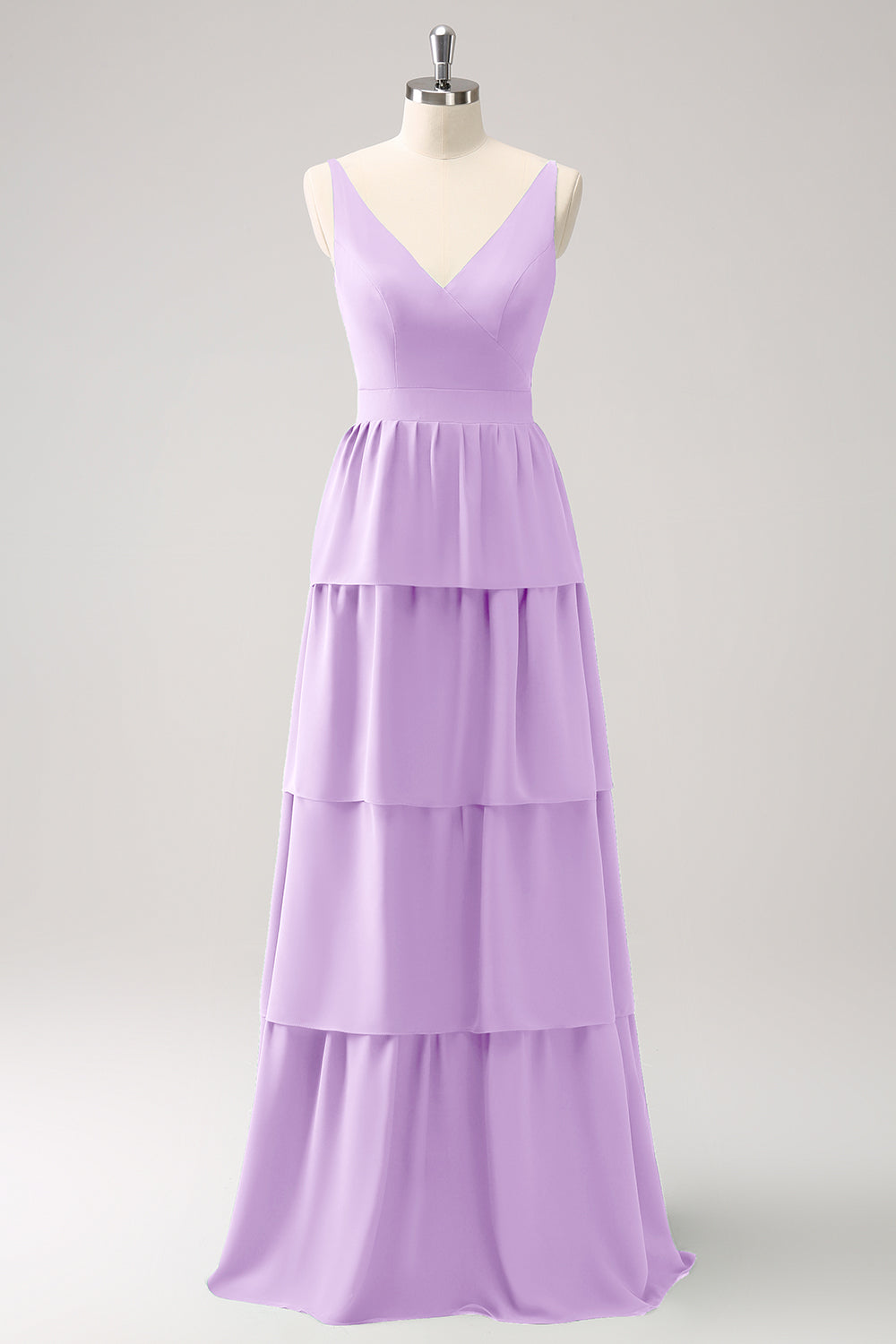 Dusty Blue A Line V-Neck Tiered Long Bridesmaid Dress