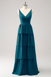 Dusty Blue A Line V-Neck Tiered Long Bridesmaid Dress