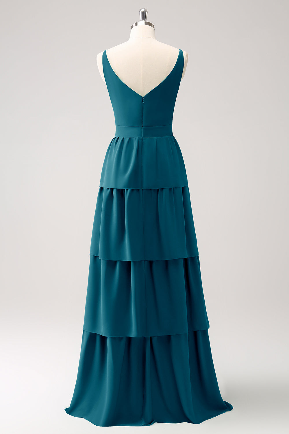 Dusty Blue A Line V-Neck Tiered Long Bridesmaid Dress