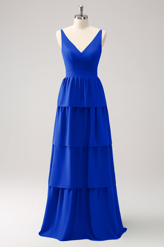 Royal Blue A Line V-Neck Tiered Long Bridesmaid Dress