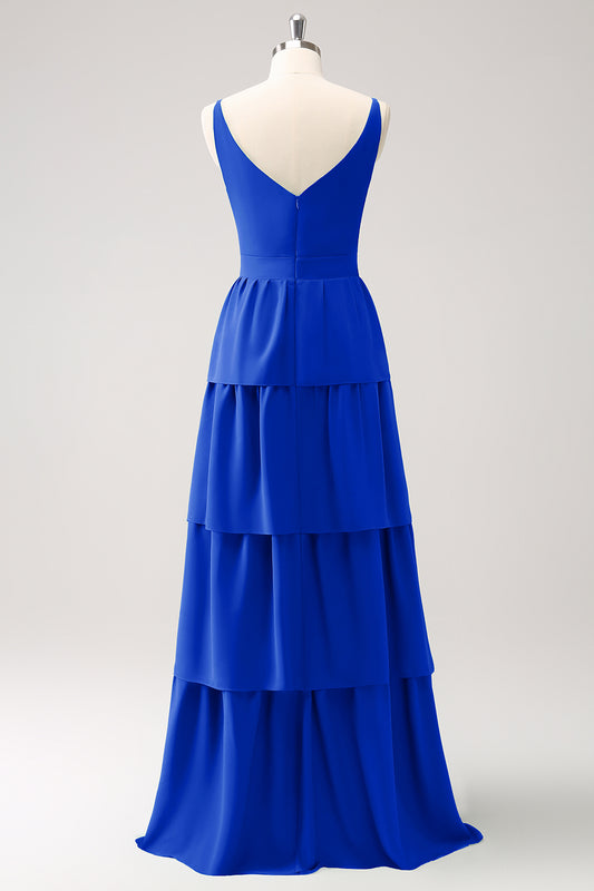 Royal Blue A Line V-Neck Tiered Long Bridesmaid Dress