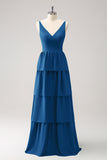 Sky Blue A Line V-Neck Tiered Long Bridesmaid Dress