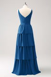 Sky Blue A Line V-Neck Tiered Long Bridesmaid Dress