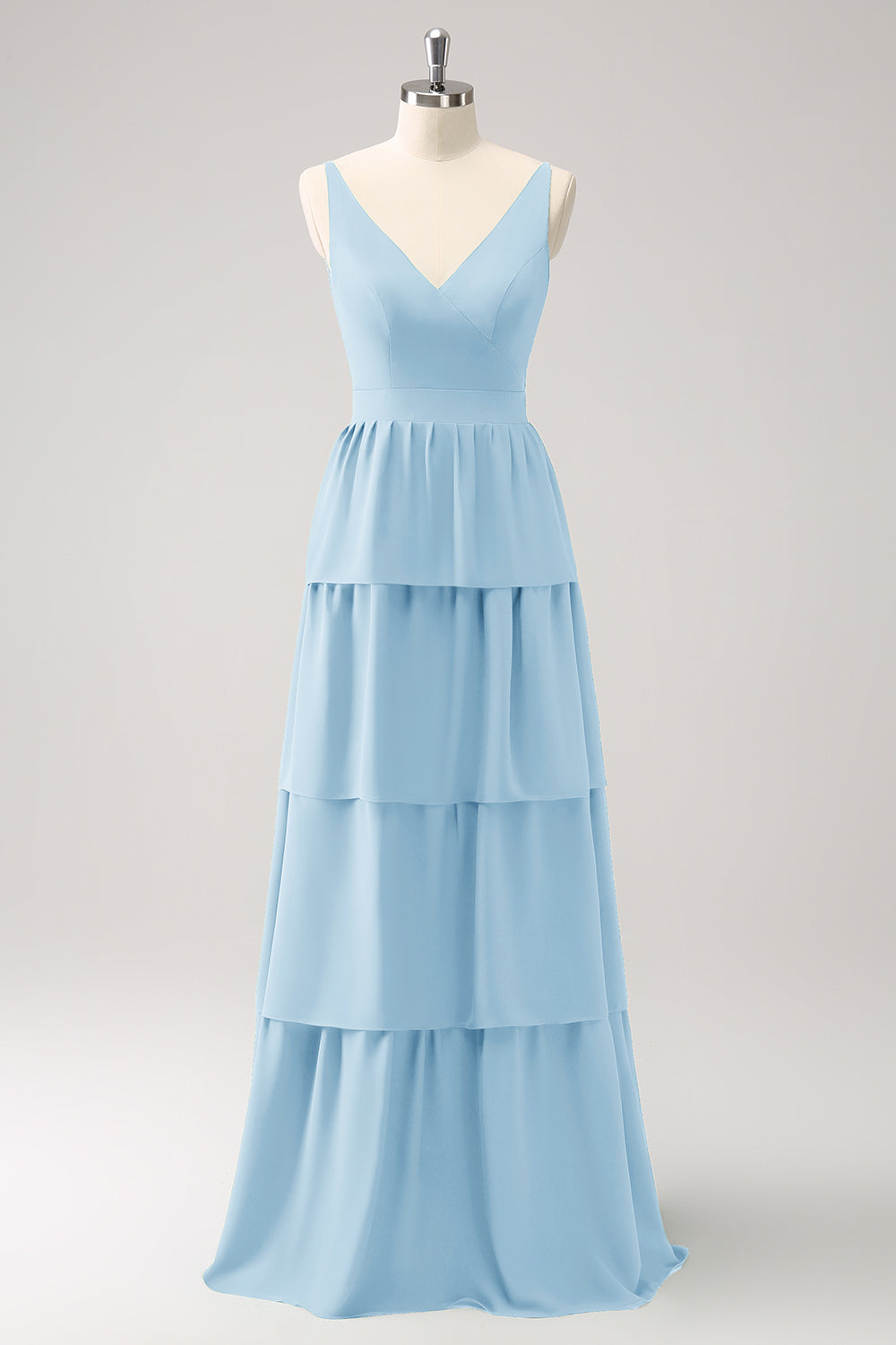 Sky Blue A Line V-Neck Tiered Long Bridesmaid Dress