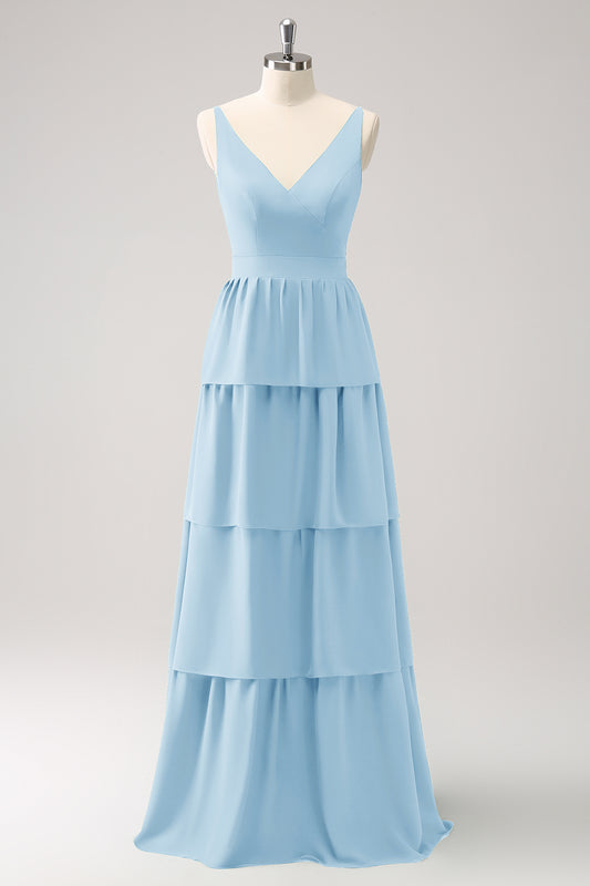 Sky Blue A Line V-Neck Tiered Long Bridesmaid Dress