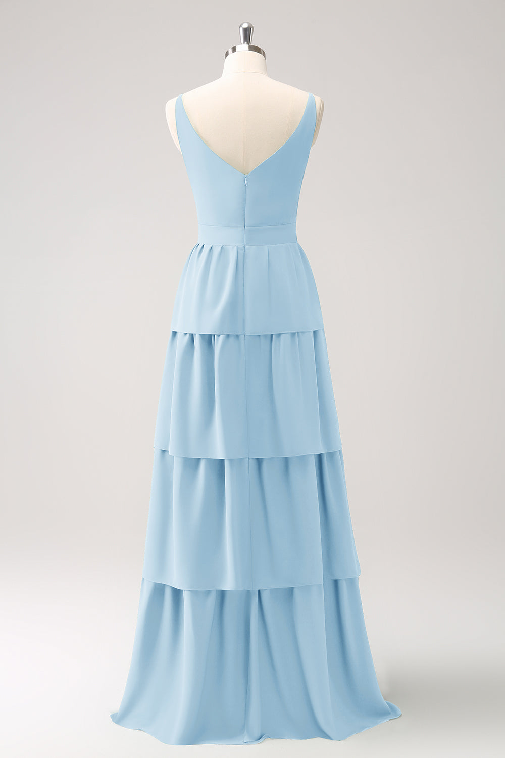 Sky Blue A Line V-Neck Tiered Long Bridesmaid Dress