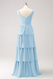 Sky Blue A Line V-Neck Tiered Long Bridesmaid Dress