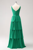 Green A-Line V-Neck Tiered Long Bridesmaid Dress