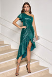 Dark Green Mermaid Metallic One Shoulder Cocktail Dress with Ruffles