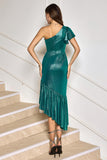 Dark Green Mermaid Metallic One Shoulder Cocktail Dress with Ruffles