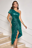 Dark Green Mermaid Metallic One Shoulder Cocktail Dress with Ruffles